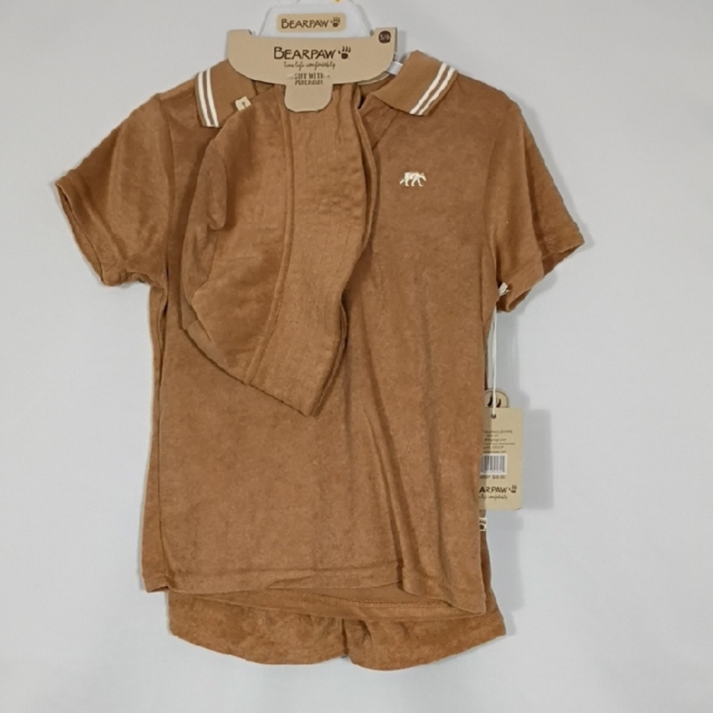 NWT BearPaw Boys Brown Short Sleeve Towel Terry Short Set with Bucket Hat Sz 5/6
